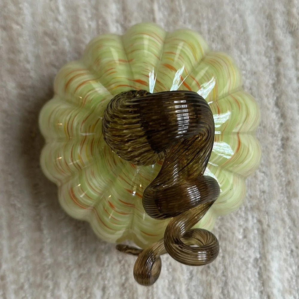 Hand Blown Art Glass Pumpkin Green Orange Flecks Twisted Reeded Clear Stem 5”x4”